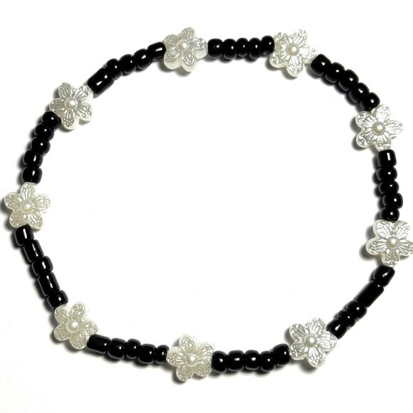 Black Beaded Anklet with Pearl White Flower Accents, Stretchy Design, Boho Beach - Picture 1 of 3